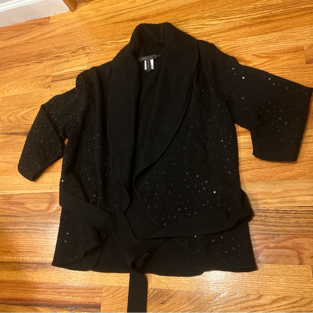 BCBG Maxazria 100% Merino Wool Sequin Belted Sweater 3/4 Sleeve Size Large